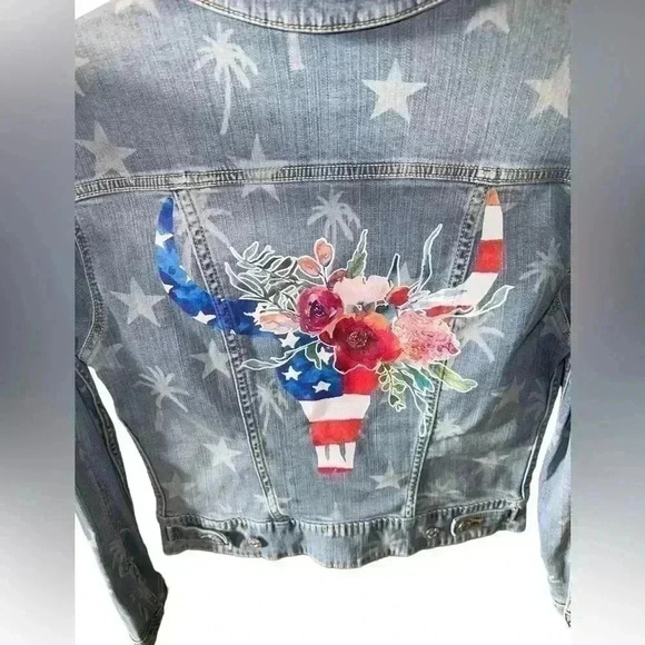 Lularoe Kenny XS Custom bull skull patriotic denim trucker jacket . NWOT. - Picture 3 of 10
